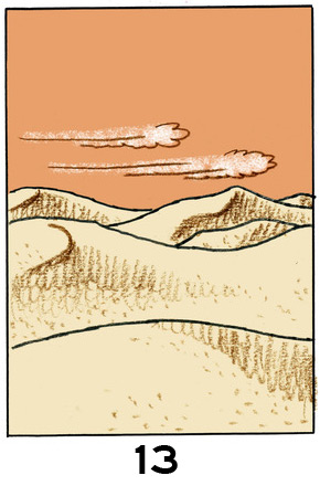 13Un paysage désertique avec des dunes, sur lequel souffle un vent matérialisé par ce qui ressemble à deux nuages de poussière.