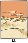 13Un paysage désertique avec des dunes, sur lequel souffle un vent matérialisé par ce qui ressemble à deux nuages de poussière.