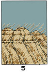 5Sous une pluie battante, des reliefs montagneux sur lesquels on devine des couches stratigraphiques.